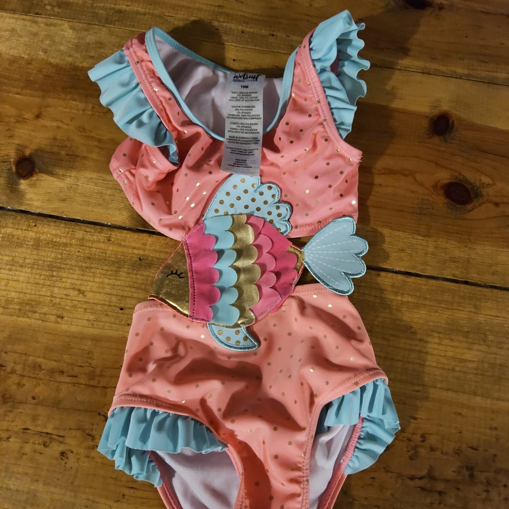 Cracker Barrel Coral Pink One-Piece Swimsuit with Aqua Ruffles & Mermaid Fish